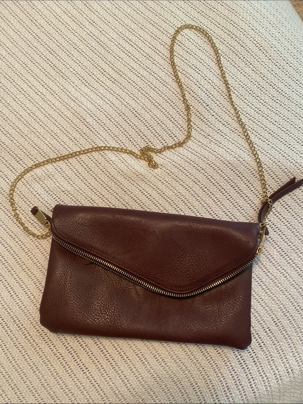 Classic Brown Leather Crossbody Clutch with Gold Chain